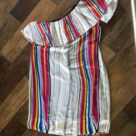 RACHEL Rachel Roy Multicolor Striped Flounce One Shoulder MIDI Dress - Plus 1X - Picture 4 of 11